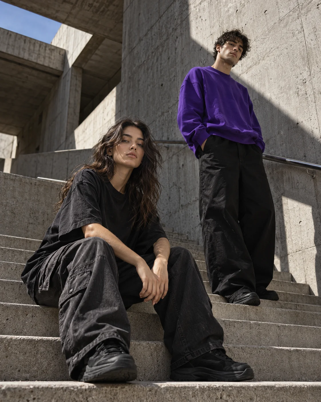Fashion concept: two adults in black and purple streetwear on concrete steps